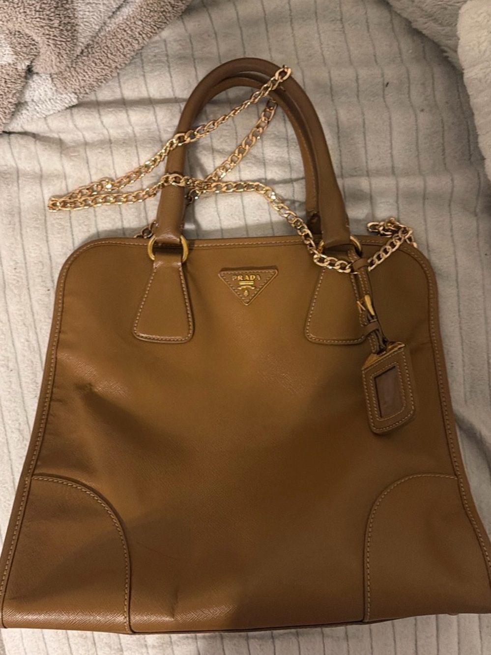 Prada Tan Leather Tote with Gold Chain Strap